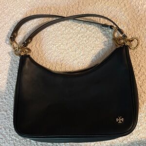 Tory Burch Black Leather Shoulder Hobo with Gold Hardware